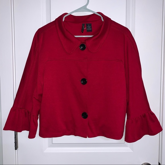 Women’s L New Directions Valentines Red Holiday Cropped 3/4 Sleeve Button Jacket - Picture 1 of 12